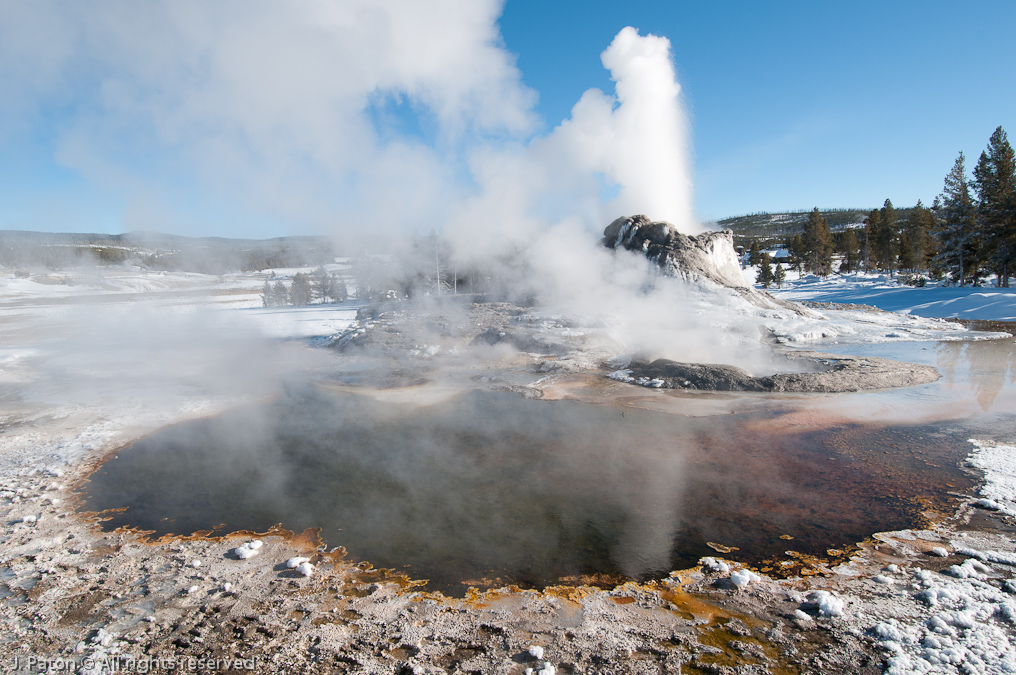 Castle Geyser, Steam, and Snow   Old Faithful Area, Yellowstone National Park, Wyoming